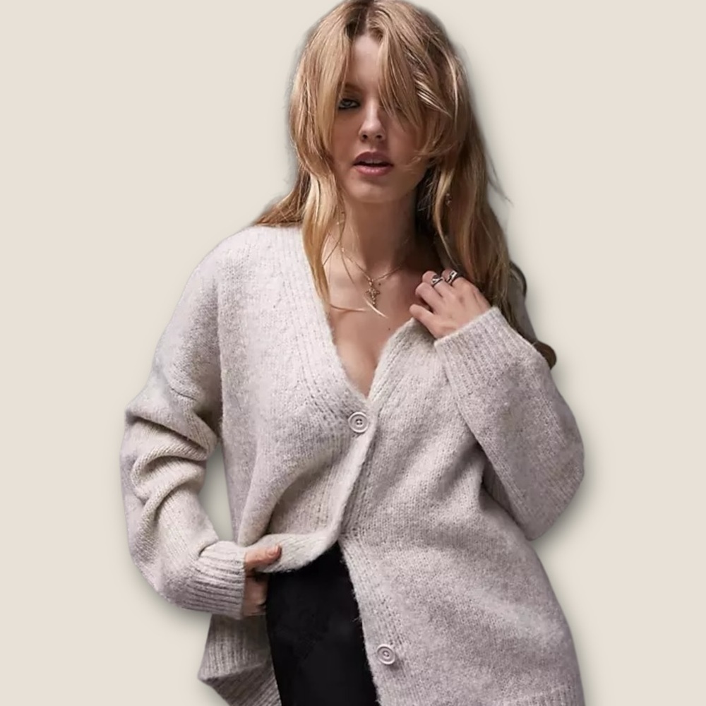 Topshop Knitted Fluffy Midi Cardigan in Neutral 12